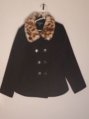 George Black Peacoat with Faux Leopard Collar